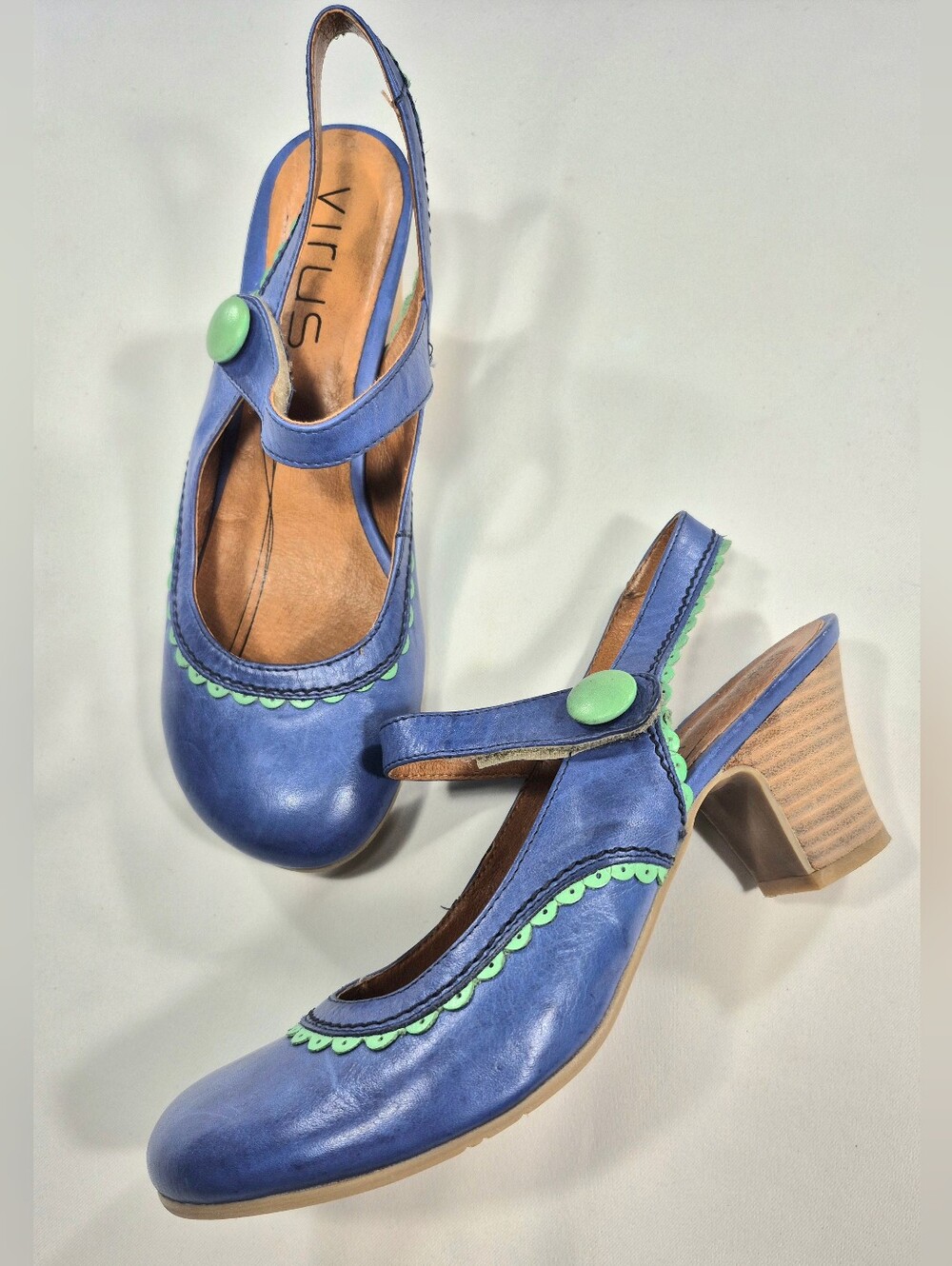 VIRUS Designer Blue and Green Leather Slingback Heels